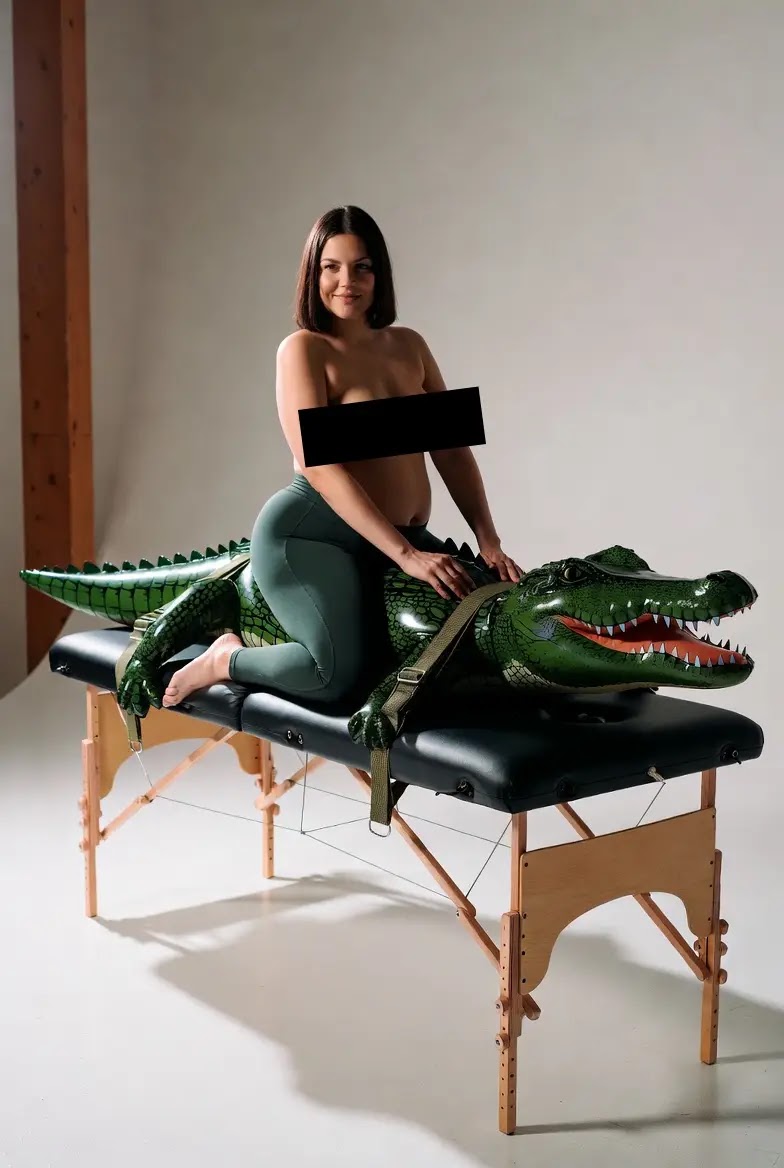 AI example of looner guilty pressure girl strapping inflatable crocodile